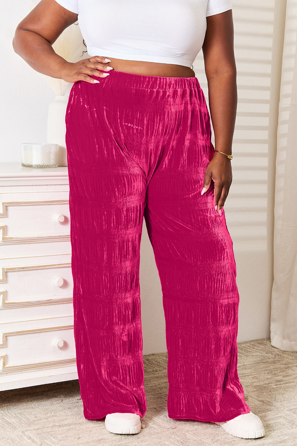 Double Take Full Size High Waist Tiered Shirring Velvet Wide Leg Pants - Velora Luxury Fashion