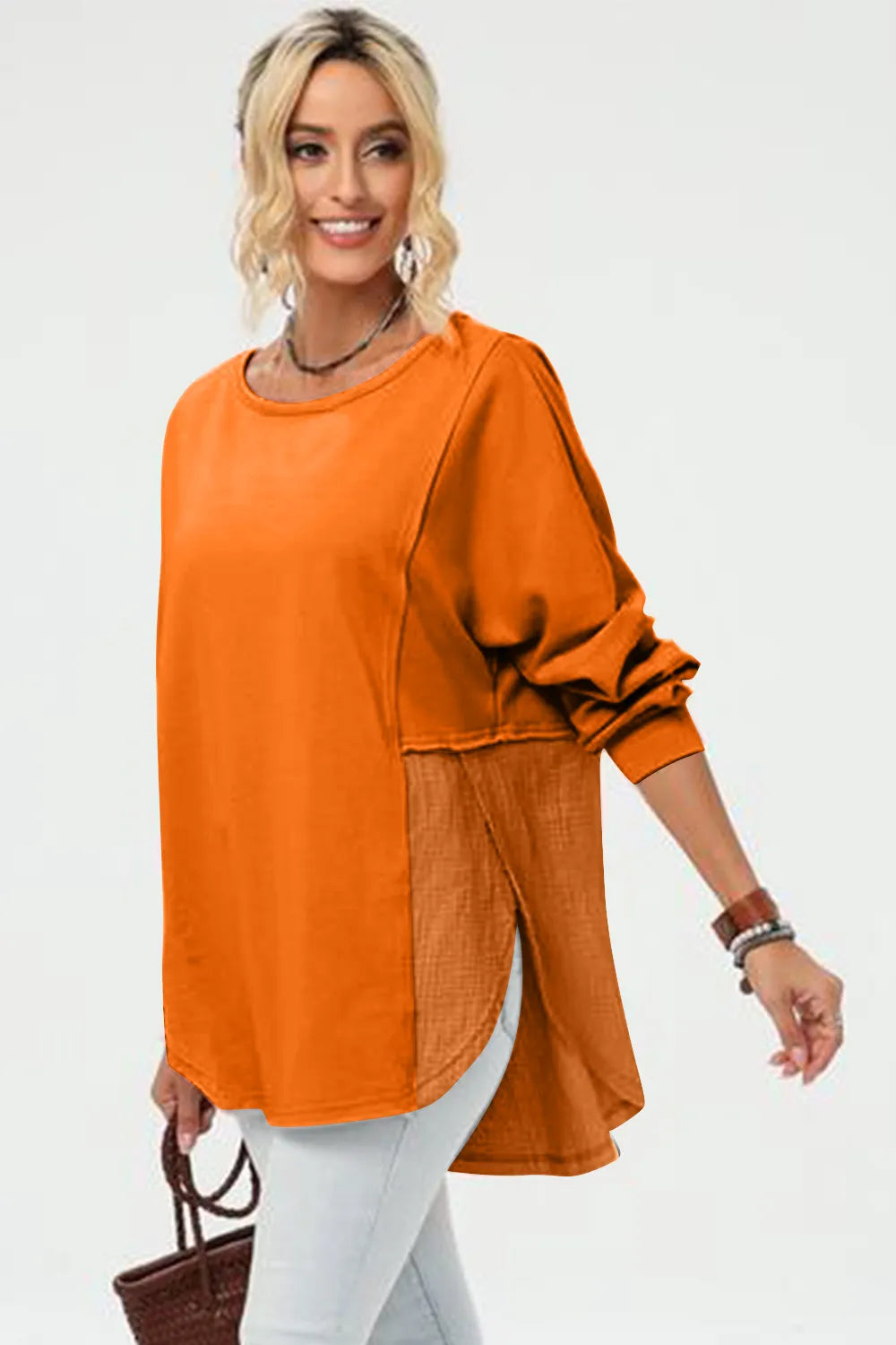 Double Take Full Size Long Sleeve High-Low T-Shirt - Velora Luxury Fashion
