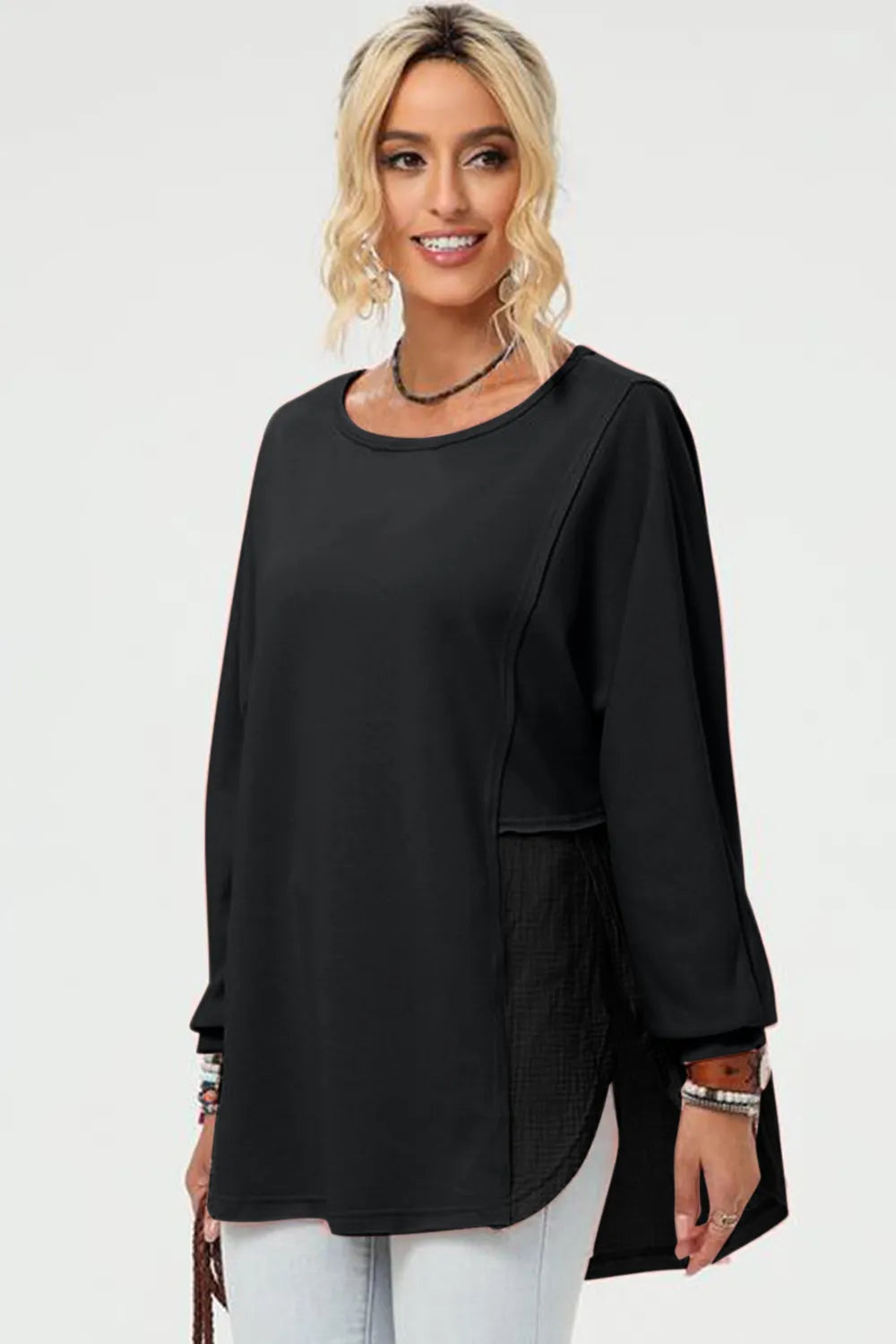 Double Take Full Size Long Sleeve High-Low T-Shirt - Velora Luxury Fashion