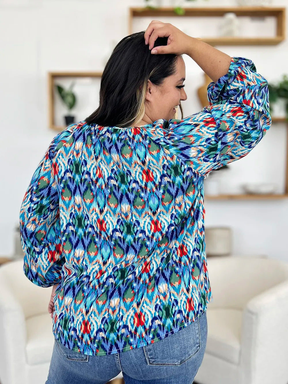 Double Take Full Size Printed Balloon Sleeve Blouse - Velora Luxury Fashion
