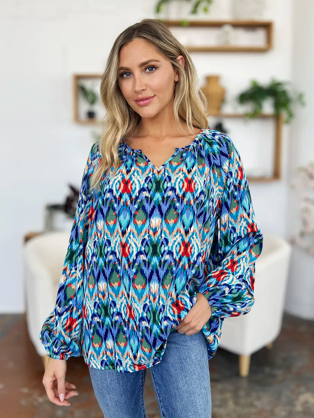 Double Take Full Size Printed Balloon Sleeve Blouse - Velora Luxury Fashion
