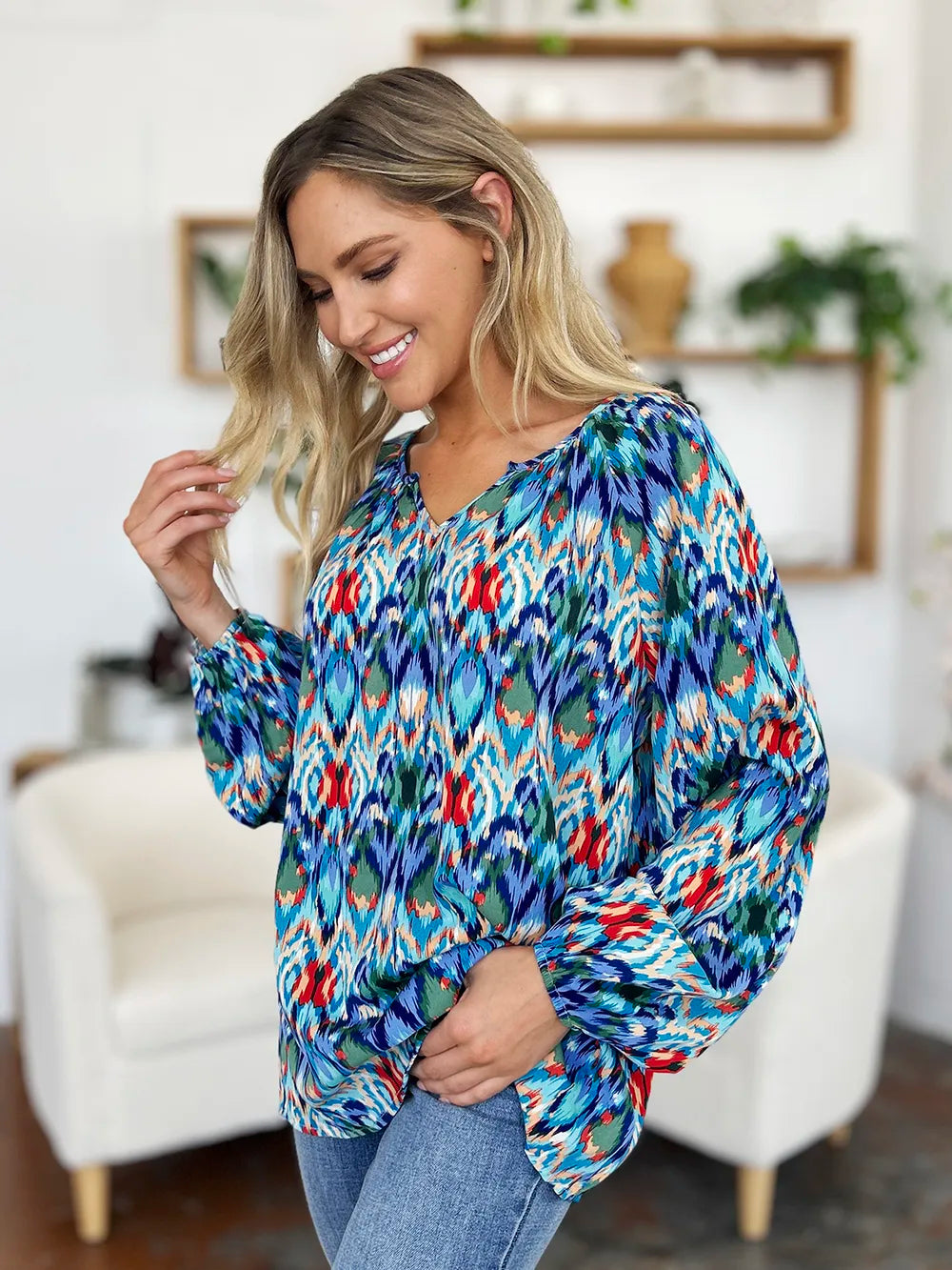 Double Take Full Size Printed Balloon Sleeve Blouse - Velora Luxury Fashion