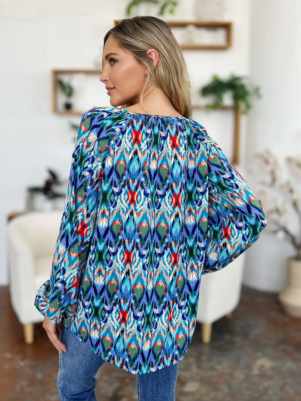 Double Take Full Size Printed Balloon Sleeve Blouse - Velora Luxury Fashion