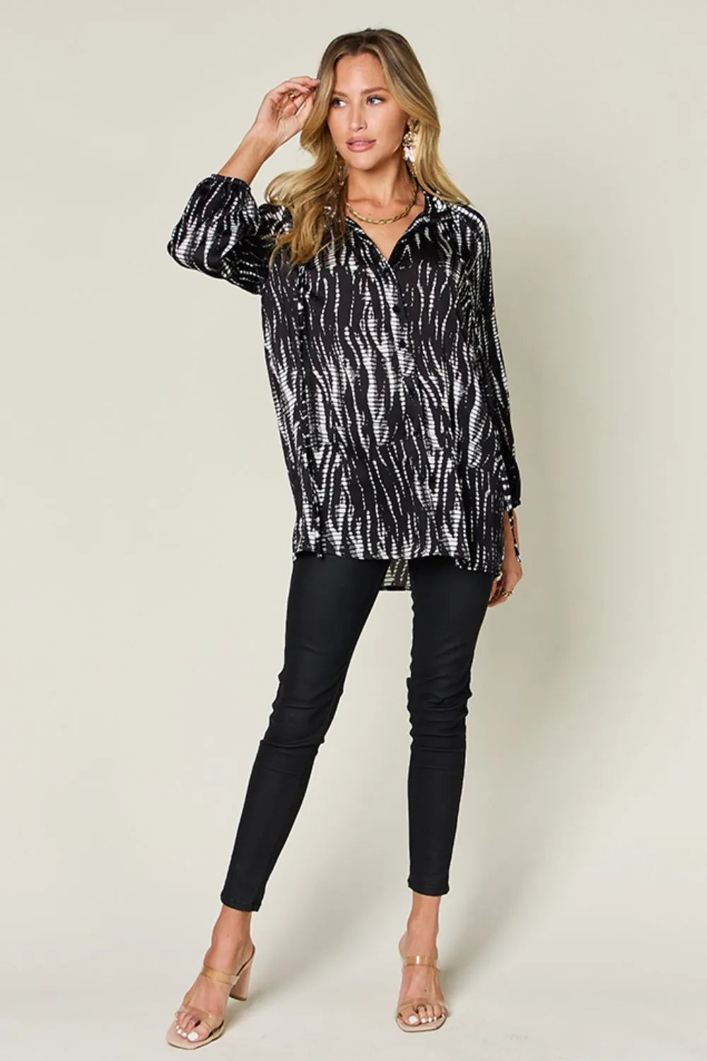 Double Take Full Size Printed Button Up Long Sleeve Shirt - Velora Luxury Fashion