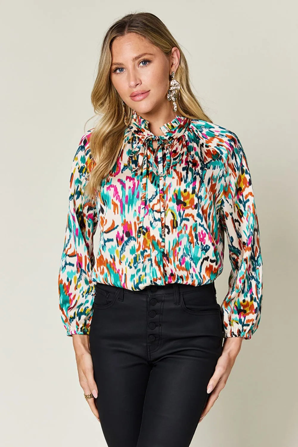 Double Take Full Size Printed Button Up Long Sleeve Shirt - Velora Luxury Fashion