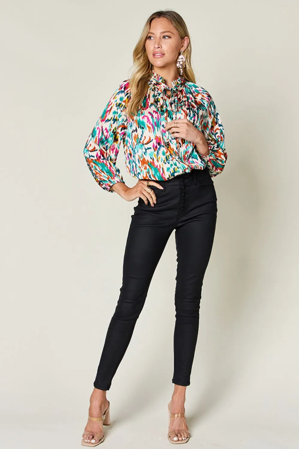 Double Take Full Size Printed Button Up Long Sleeve Shirt - Velora Luxury Fashion