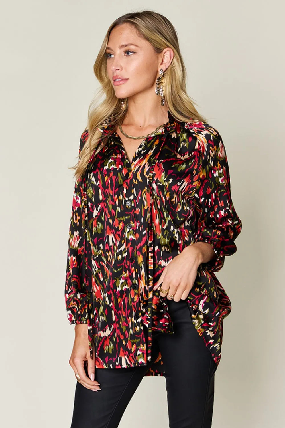 Double Take Full Size Printed Button Up Long Sleeve Shirt - Velora Luxury Fashion