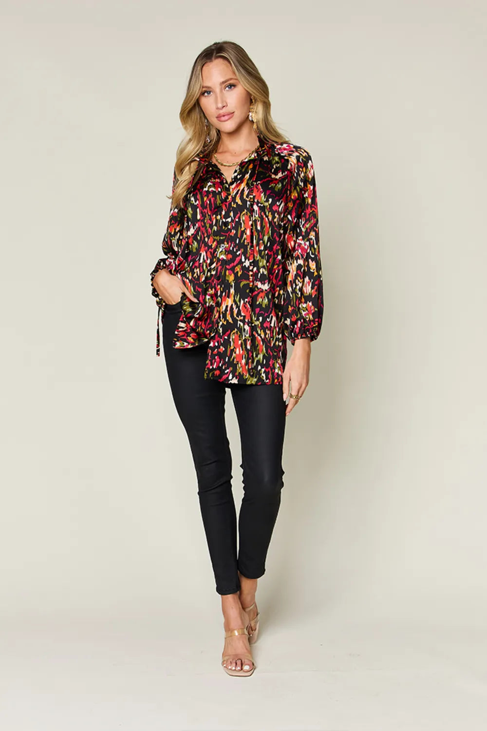 Double Take Full Size Printed Button Up Long Sleeve Shirt - Velora Luxury Fashion