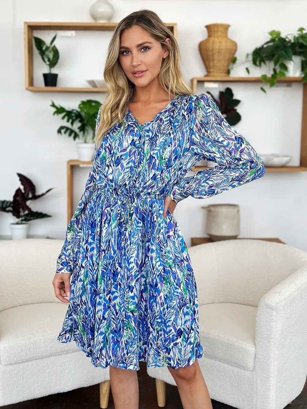 Double Take Full Size Printed Drawstring Waist Long Sleeve Dress - Velora Luxury Fashion