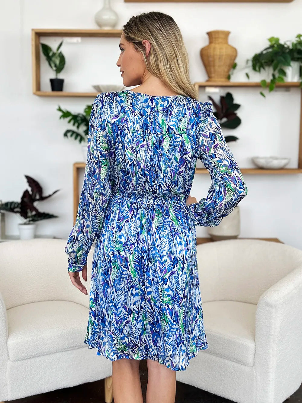 Double Take Full Size Printed Drawstring Waist Long Sleeve Dress - Velora Luxury Fashion