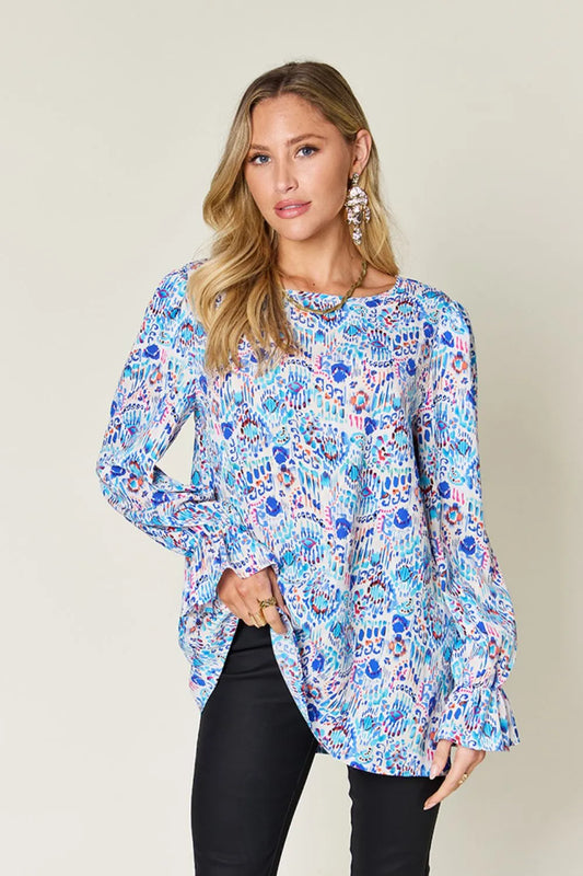 Double Take Full Size Printed Flounce Sleeve Blouse - Velora Luxury Fashion
