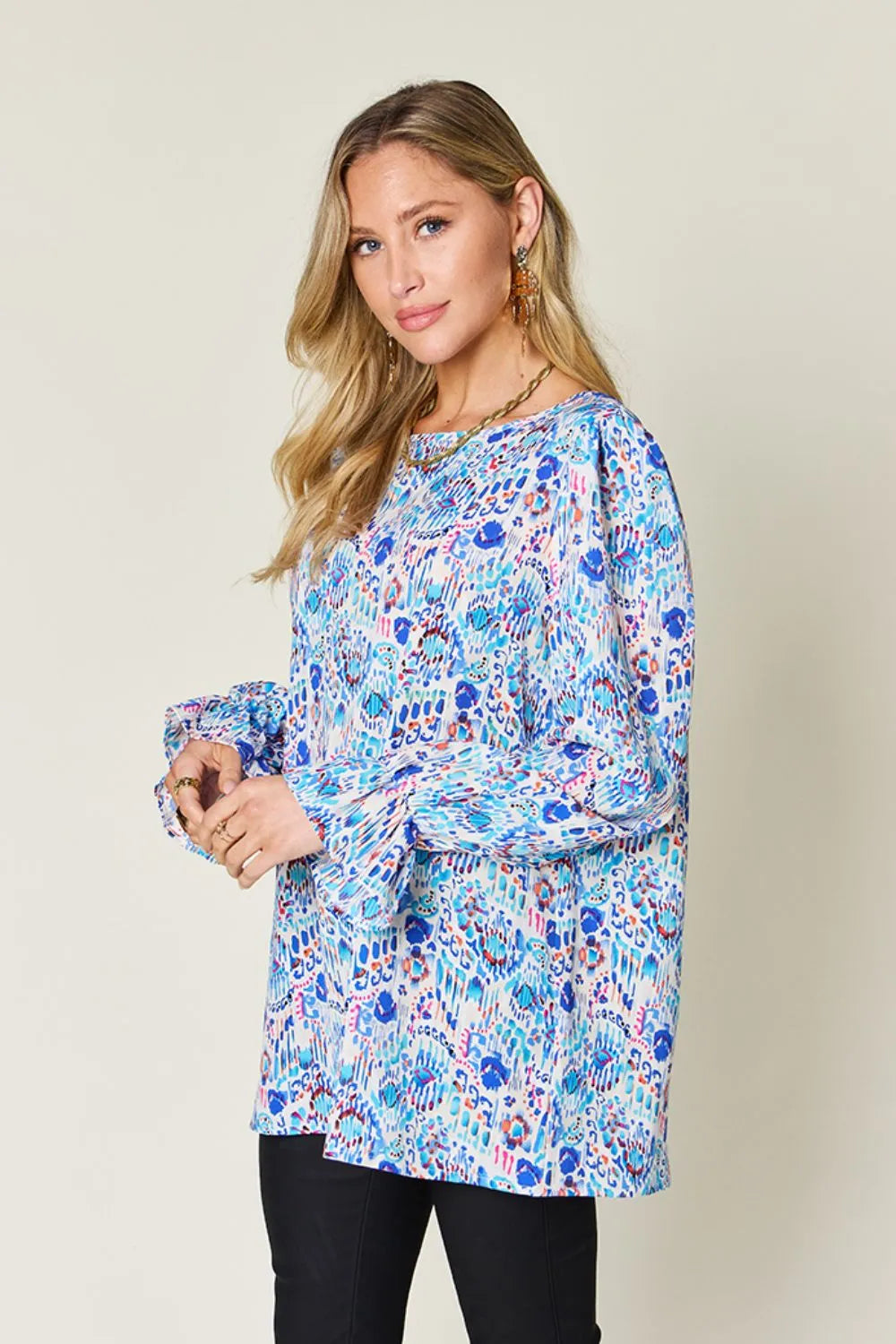 Double Take Full Size Printed Flounce Sleeve Blouse - Velora Luxury Fashion