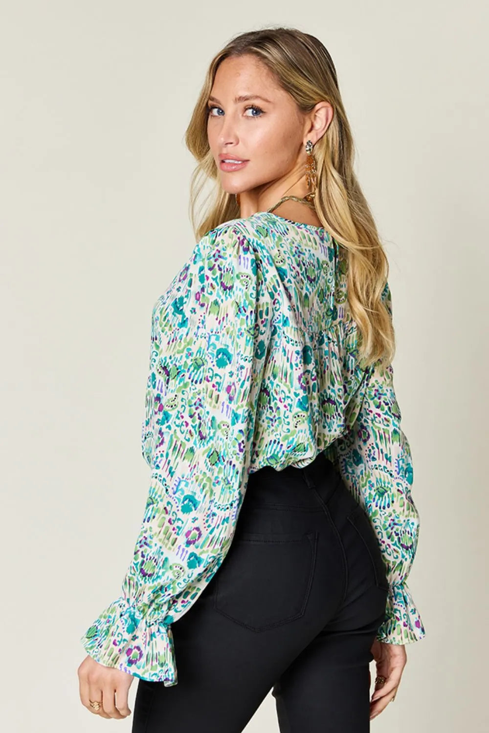 Double Take Full Size Printed Flounce Sleeve Blouse - Velora Luxury Fashion