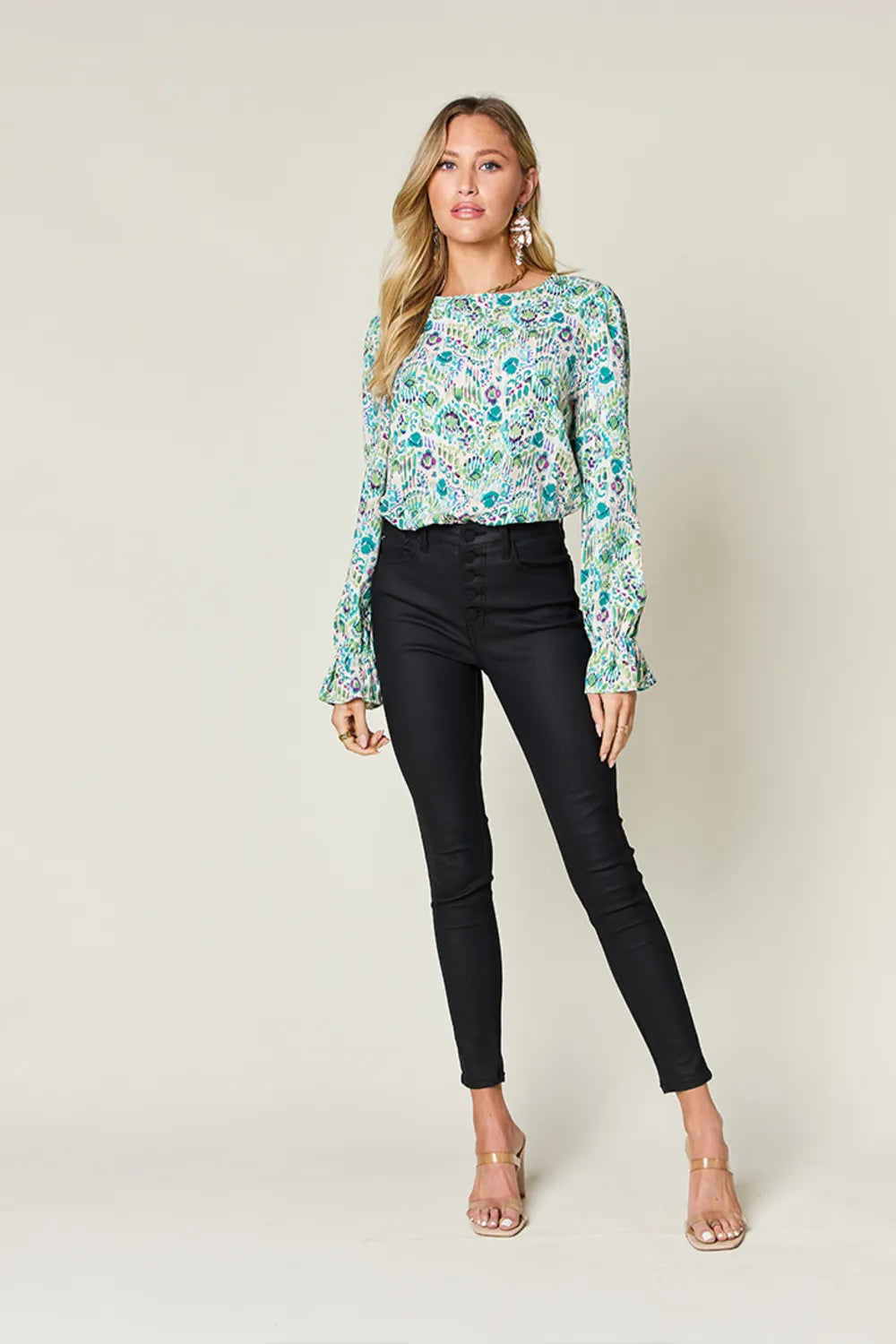 Double Take Full Size Printed Flounce Sleeve Blouse - Velora Luxury Fashion