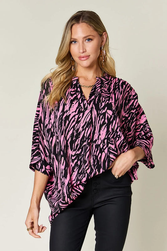 Double Take Full Size Printed Notched Three-Quarter Sleeve Blouse - Velora Luxury Fashion