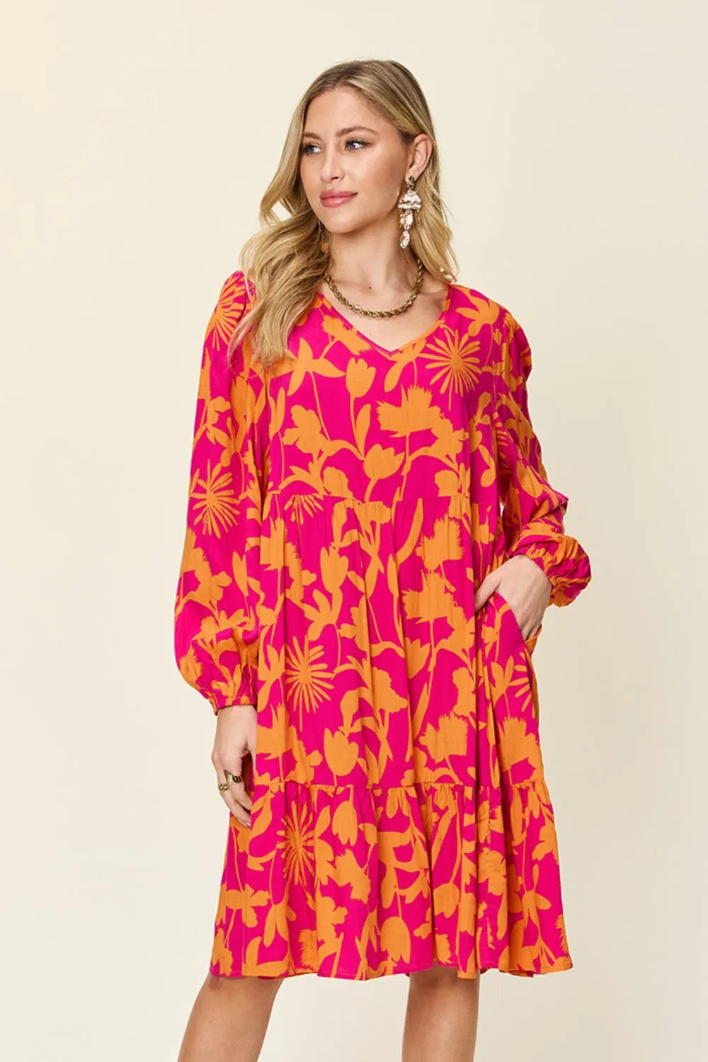 Double Take Full Size Printed Ruffle Hem Dress with Pocket - Velora Luxury Fashion