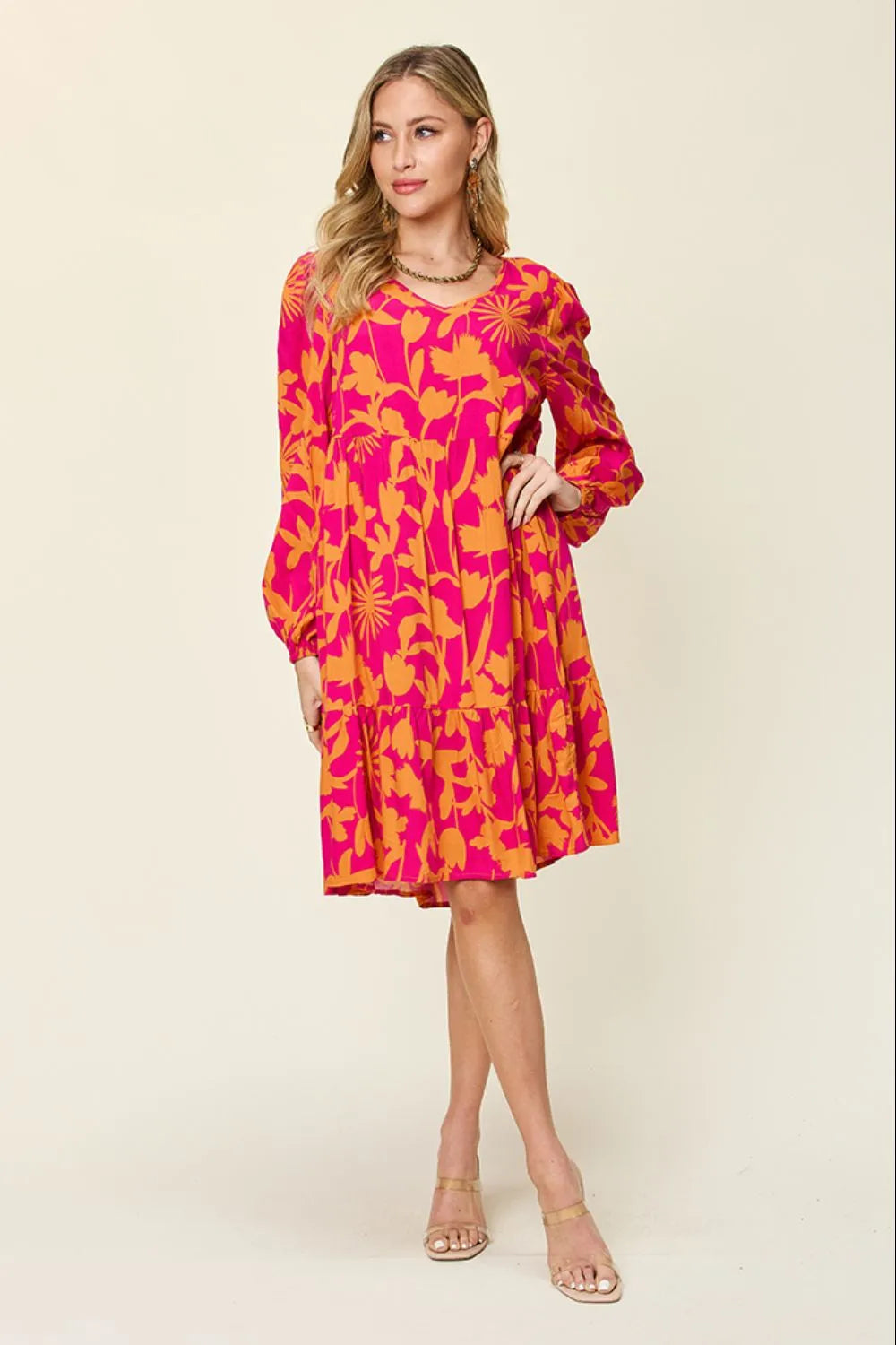 Double Take Full Size Printed Ruffle Hem Dress with Pocket - Velora Luxury Fashion
