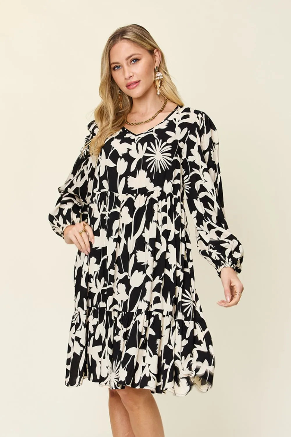 Double Take Full Size Printed Ruffle Hem Dress with Pocket - Velora Luxury Fashion