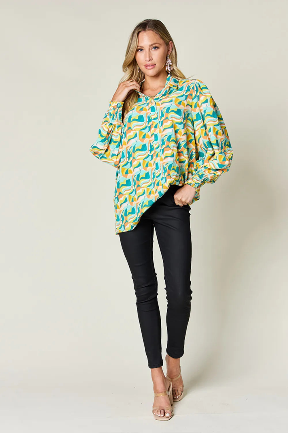 Double Take Full Size Printed Smocked Long Sleeve Blouse - Velora Luxury Fashion
