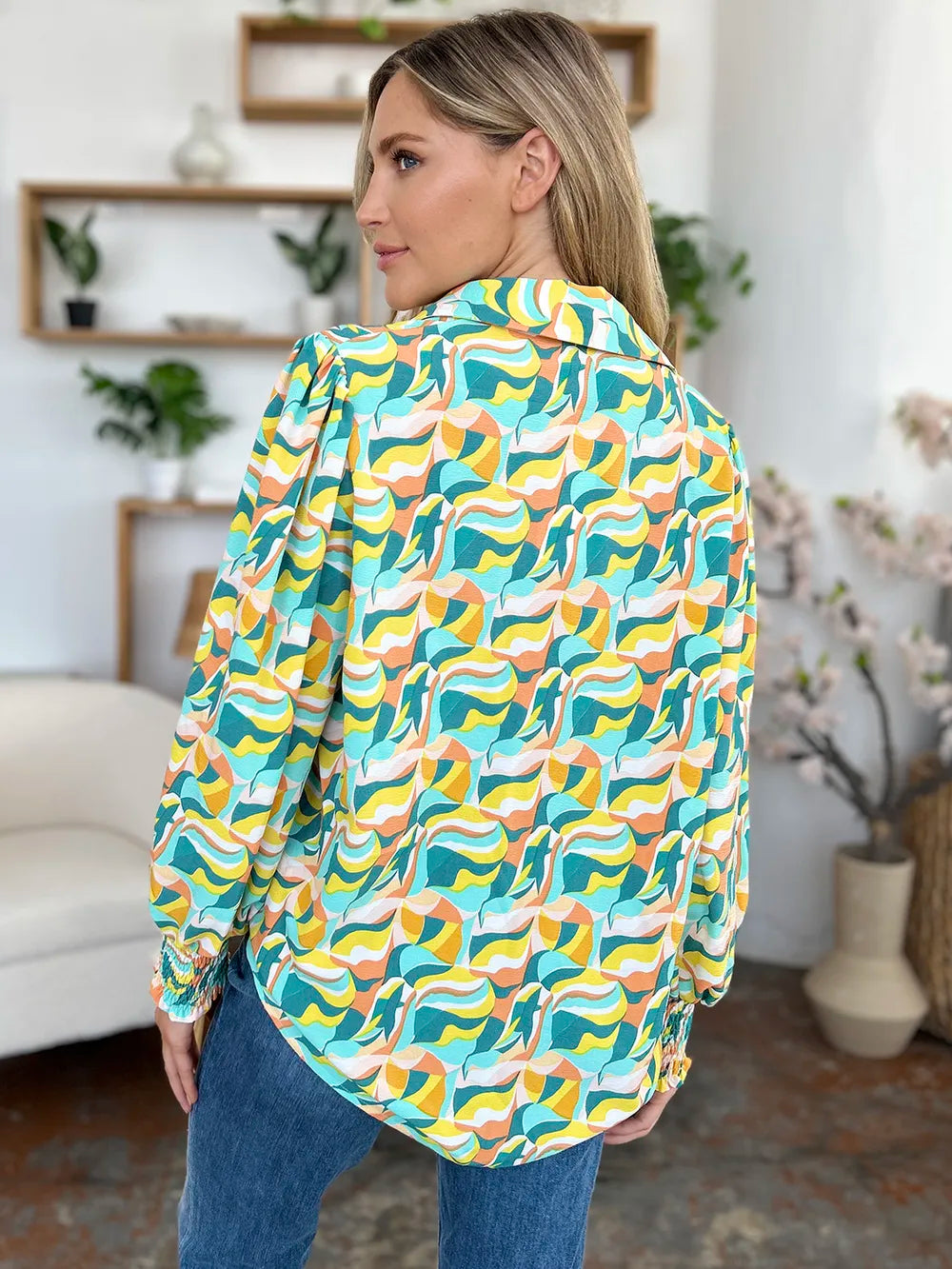 Double Take Full Size Printed Smocked Long Sleeve Blouse - Velora Luxury Fashion