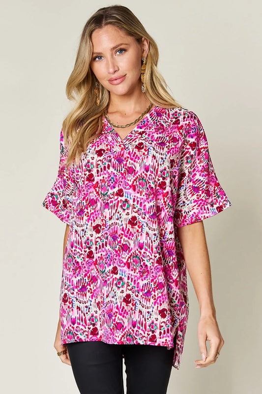 Double Take Full Size Printed V-Neck Short Sleeve Blouse - Velora Luxury Fashion