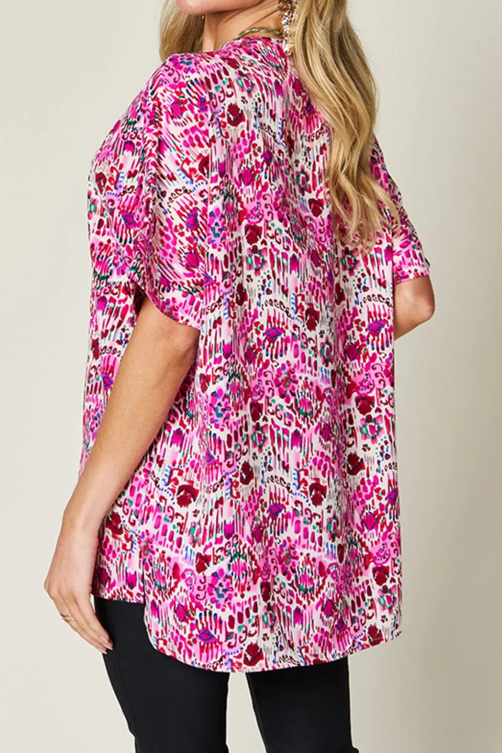 Double Take Full Size Printed V-Neck Short Sleeve Blouse - Velora Luxury Fashion