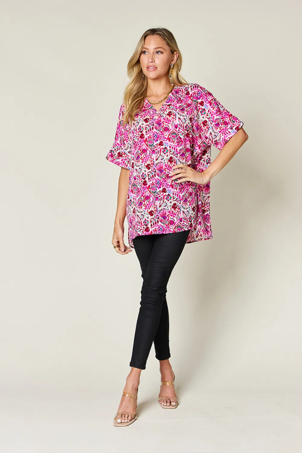 Double Take Full Size Printed V-Neck Short Sleeve Blouse - Velora Luxury Fashion