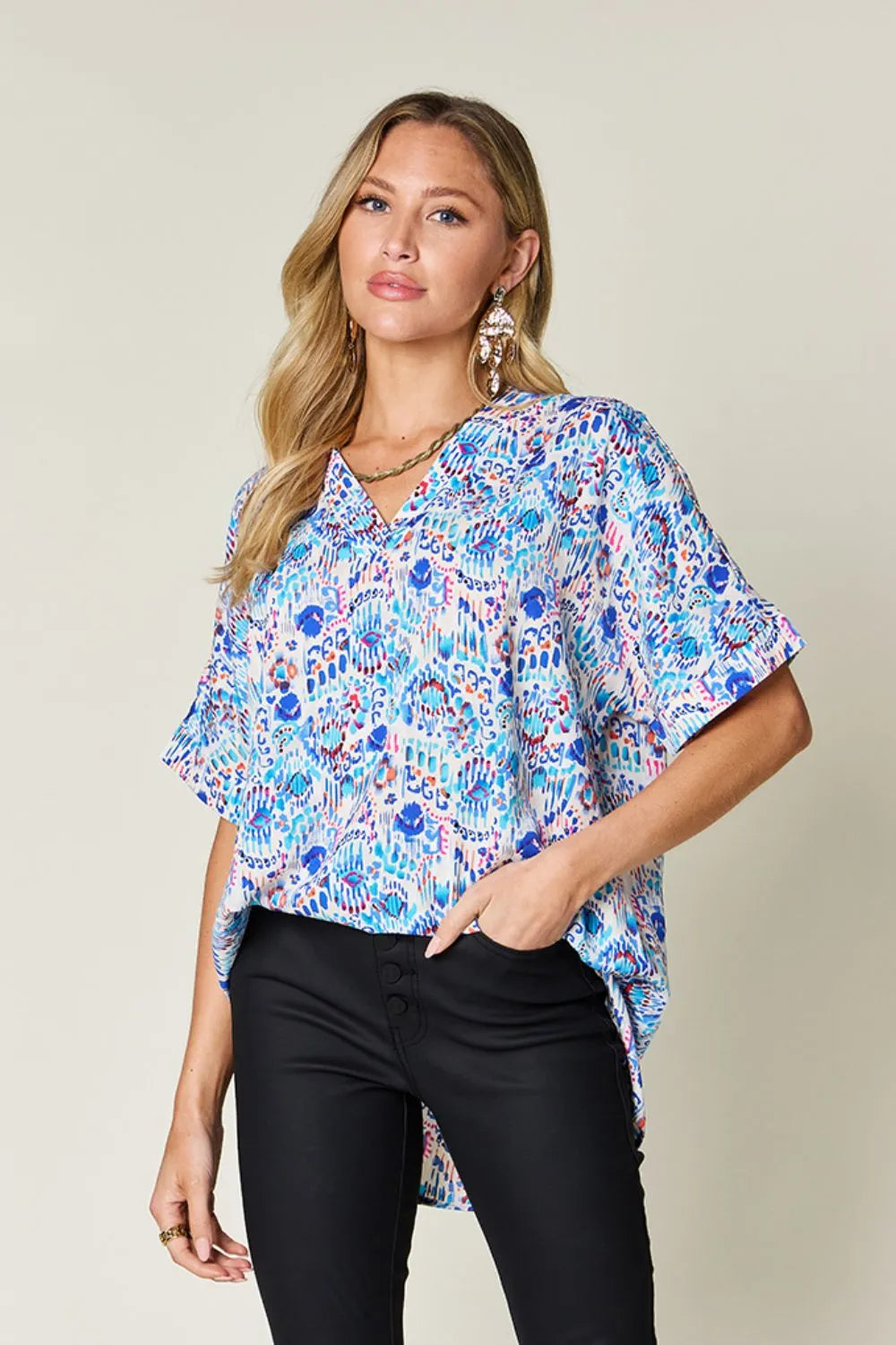Double Take Full Size Printed V-Neck Short Sleeve Blouse - Velora Luxury Fashion