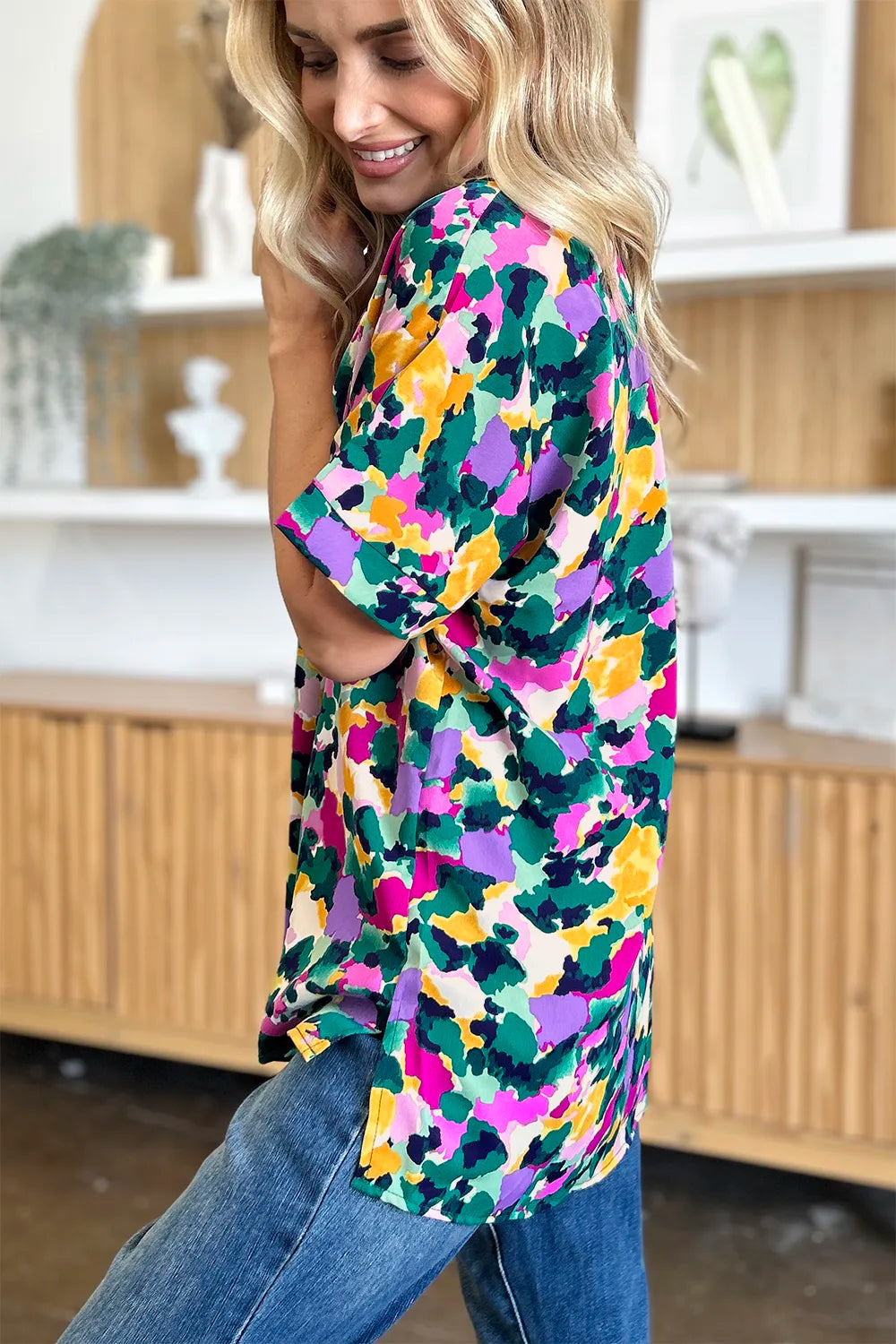 Double Take Full Size Printed V-Neck Short Sleeve Side Slit Top - Velora Luxury Fashion