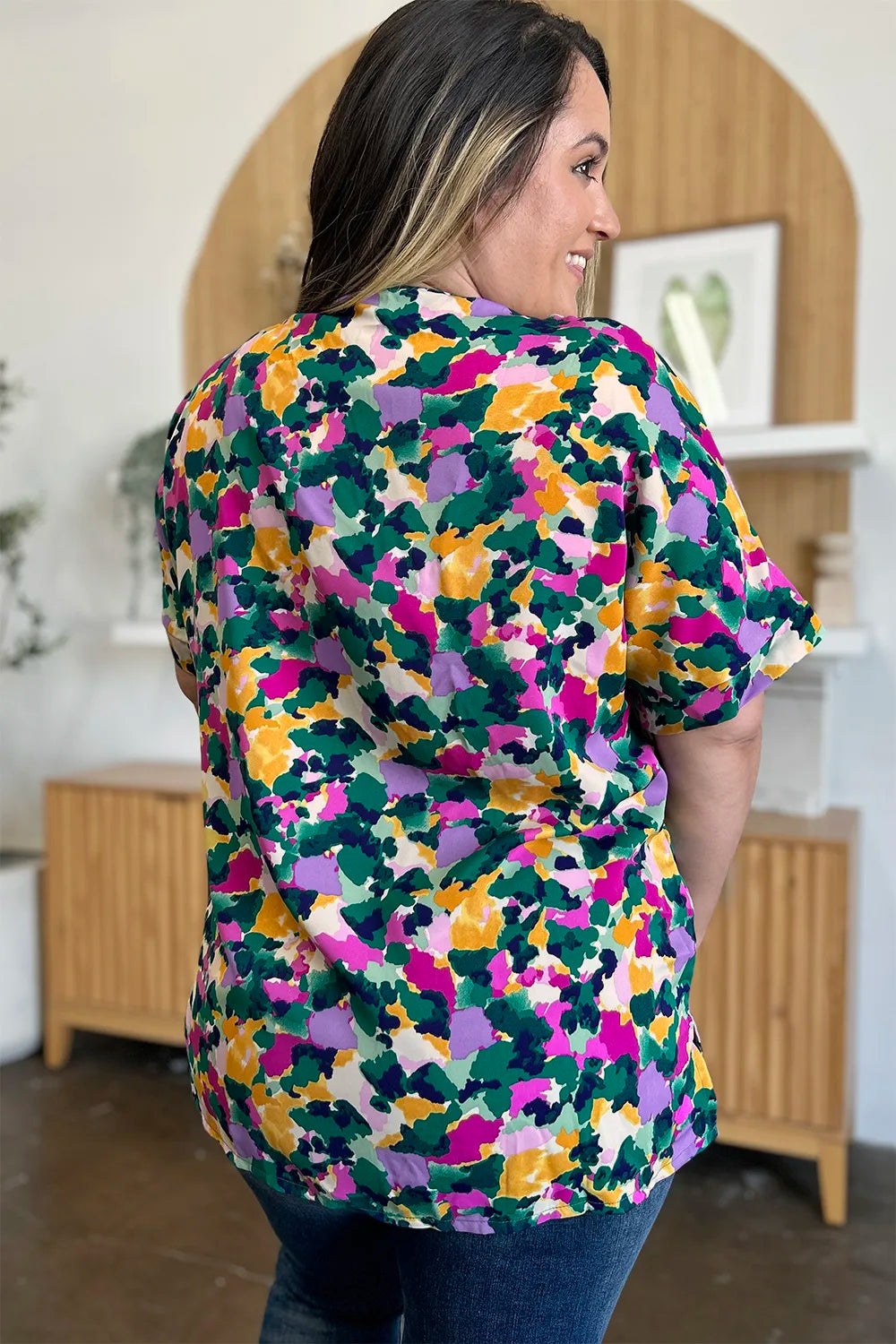 Double Take Full Size Printed V-Neck Short Sleeve Side Slit Top - Velora Luxury Fashion