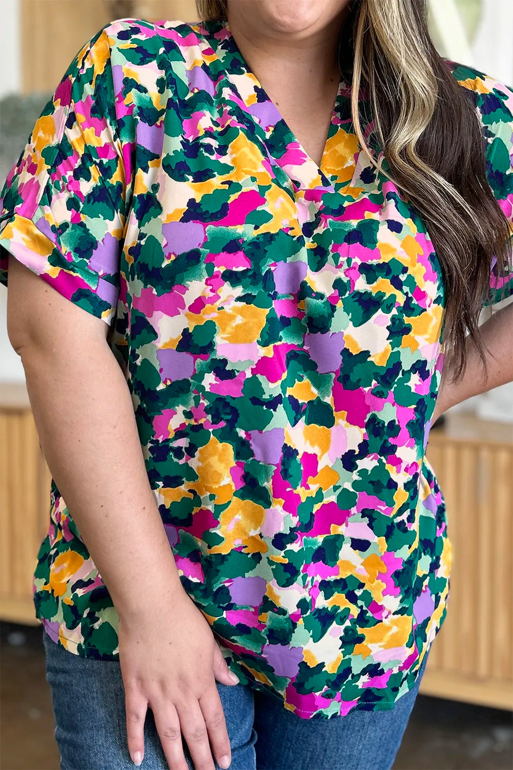 Double Take Full Size Printed V-Neck Short Sleeve Side Slit Top - Velora Luxury Fashion