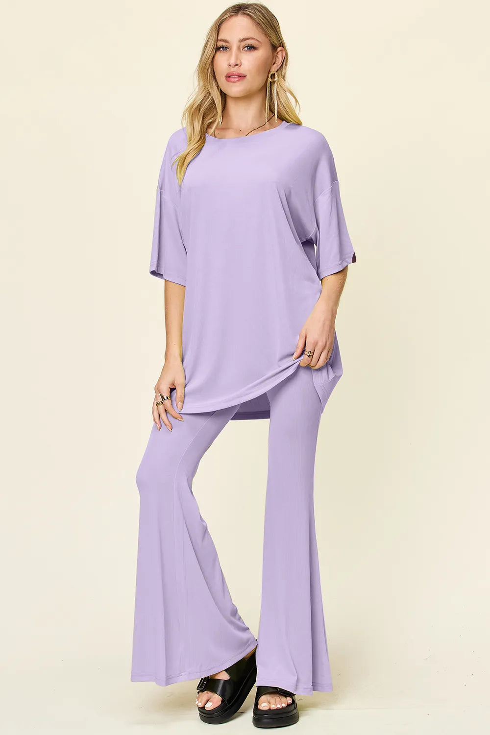 Double Take Full Size Round Neck Drop Shoulder T-Shirt and Flare Pants Set - Velora
