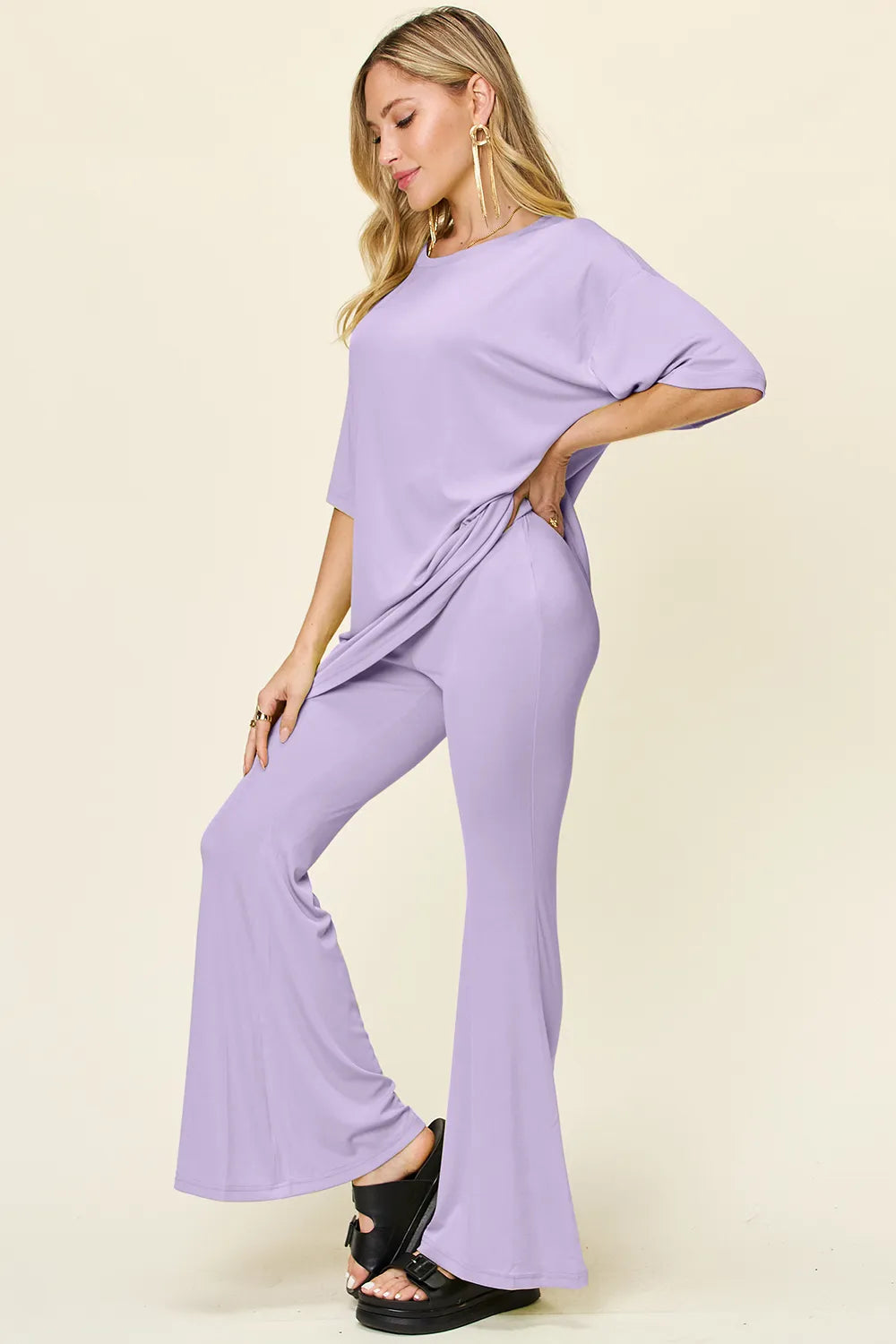 Double Take Full Size Round Neck Drop Shoulder T-Shirt and Flare Pants Set - Velora