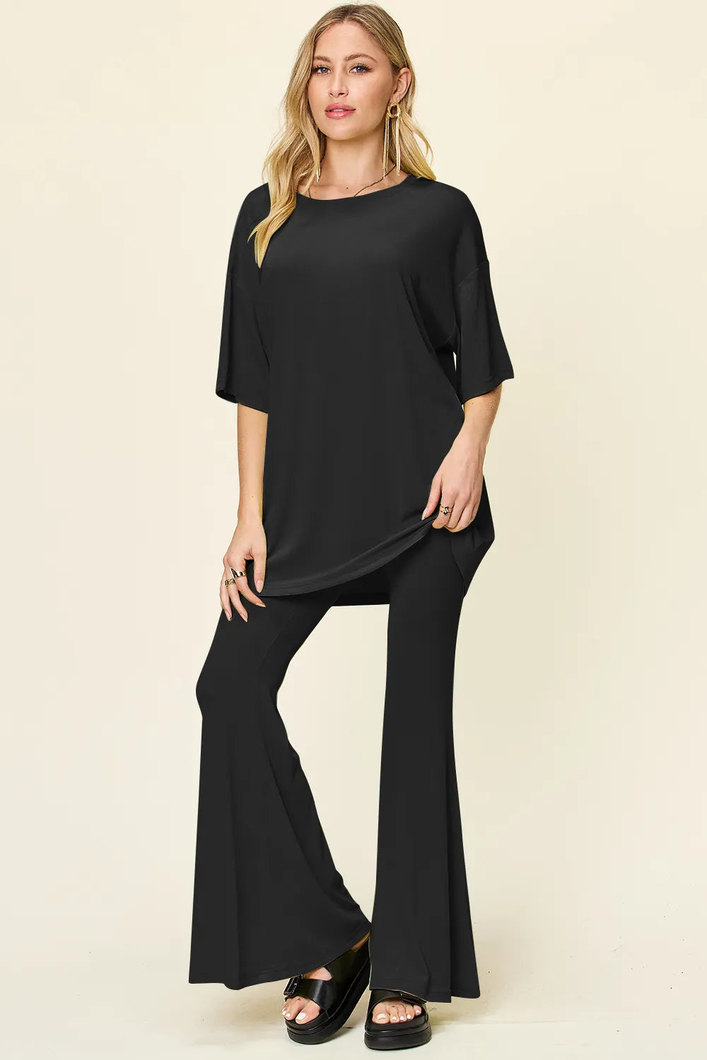 Double Take Full Size Round Neck Drop Shoulder T-Shirt and Flare Pants Set - Velora