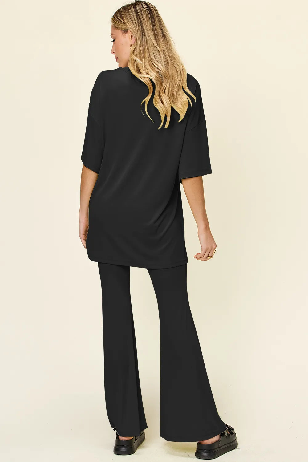 Double Take Full Size Round Neck Drop Shoulder T-Shirt and Flare Pants Set - Velora
