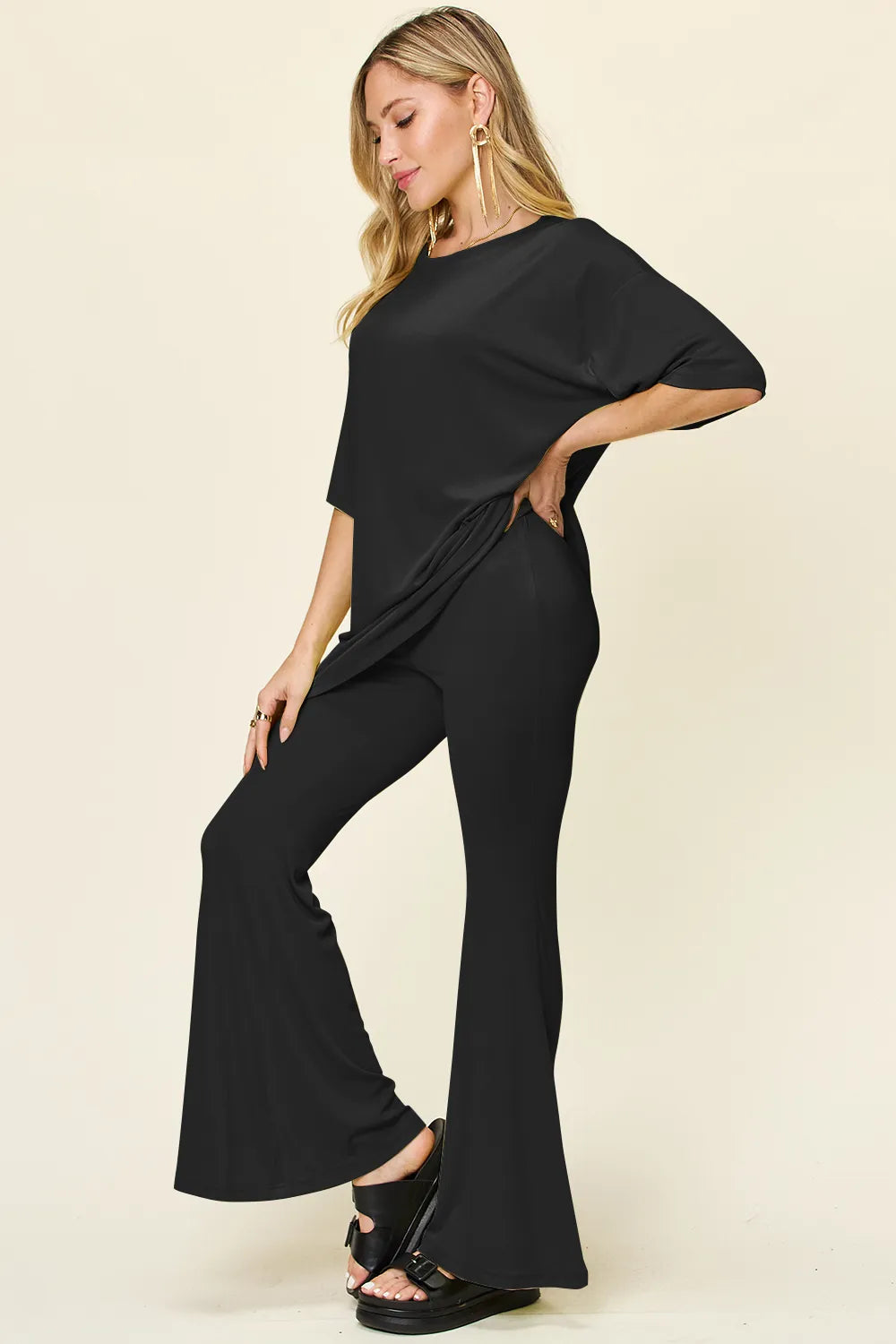 Double Take Full Size Round Neck Drop Shoulder T-Shirt and Flare Pants Set - Velora