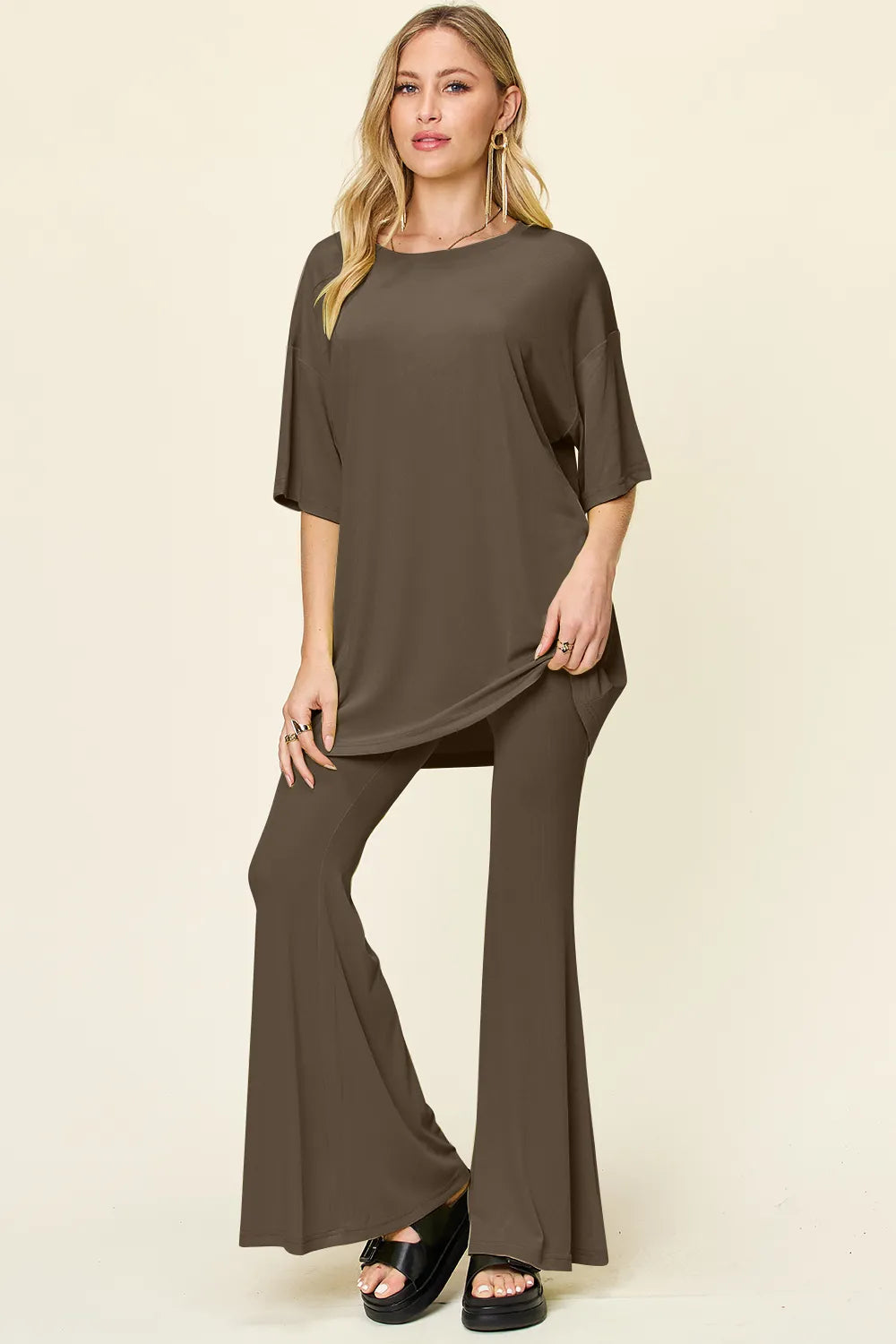Double Take Full Size Round Neck Drop Shoulder T-Shirt and Flare Pants Set - Velora
