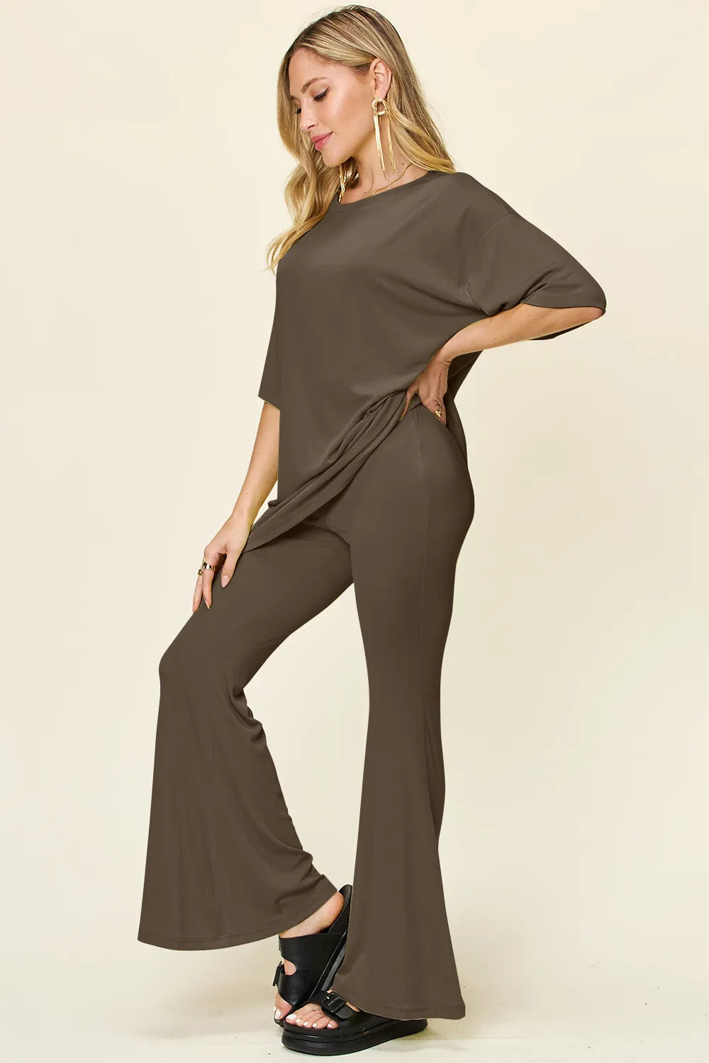 Double Take Full Size Round Neck Drop Shoulder T-Shirt and Flare Pants Set - Velora
