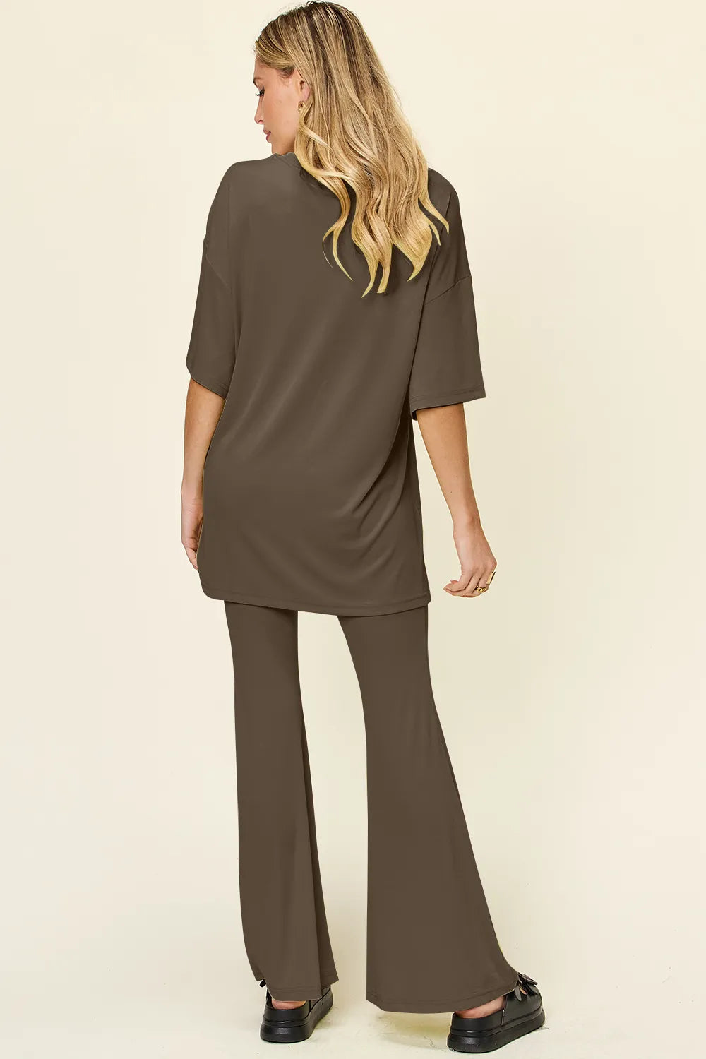 Double Take Full Size Round Neck Drop Shoulder T-Shirt and Flare Pants Set - Velora