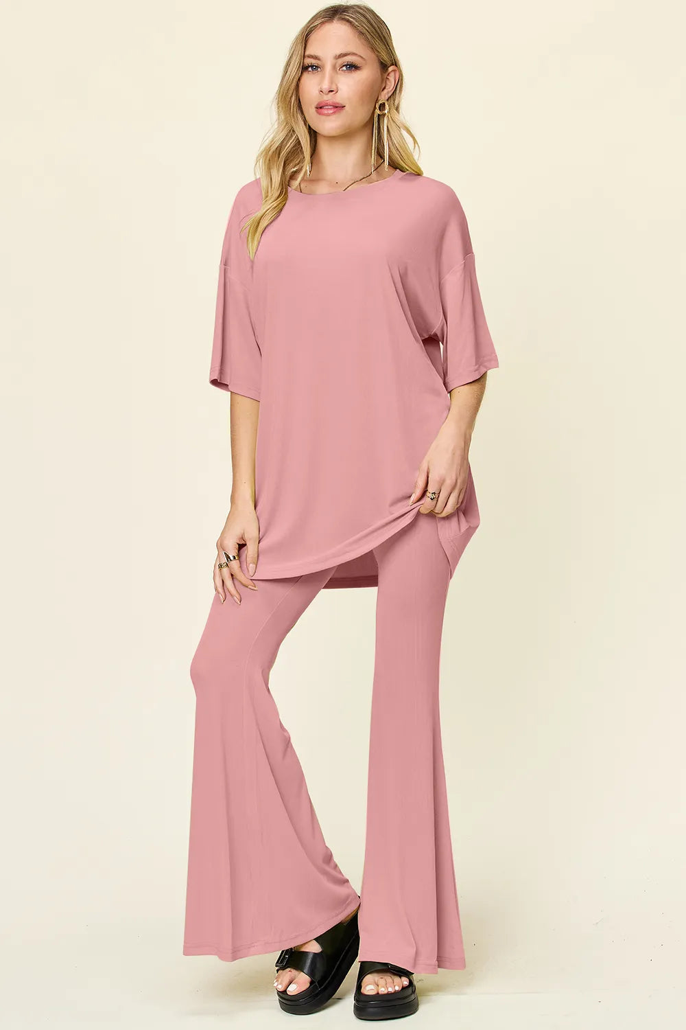 Double Take Full Size Round Neck Drop Shoulder T-Shirt and Flare Pants Set - Velora