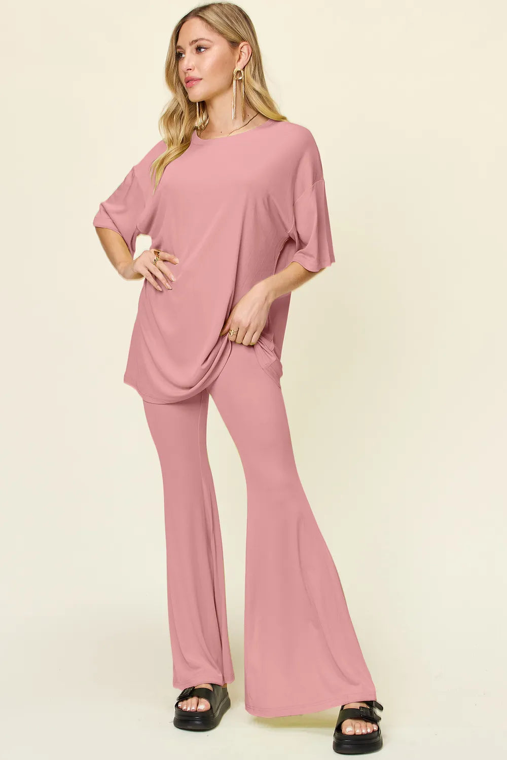 Double Take Full Size Round Neck Drop Shoulder T-Shirt and Flare Pants Set - Velora