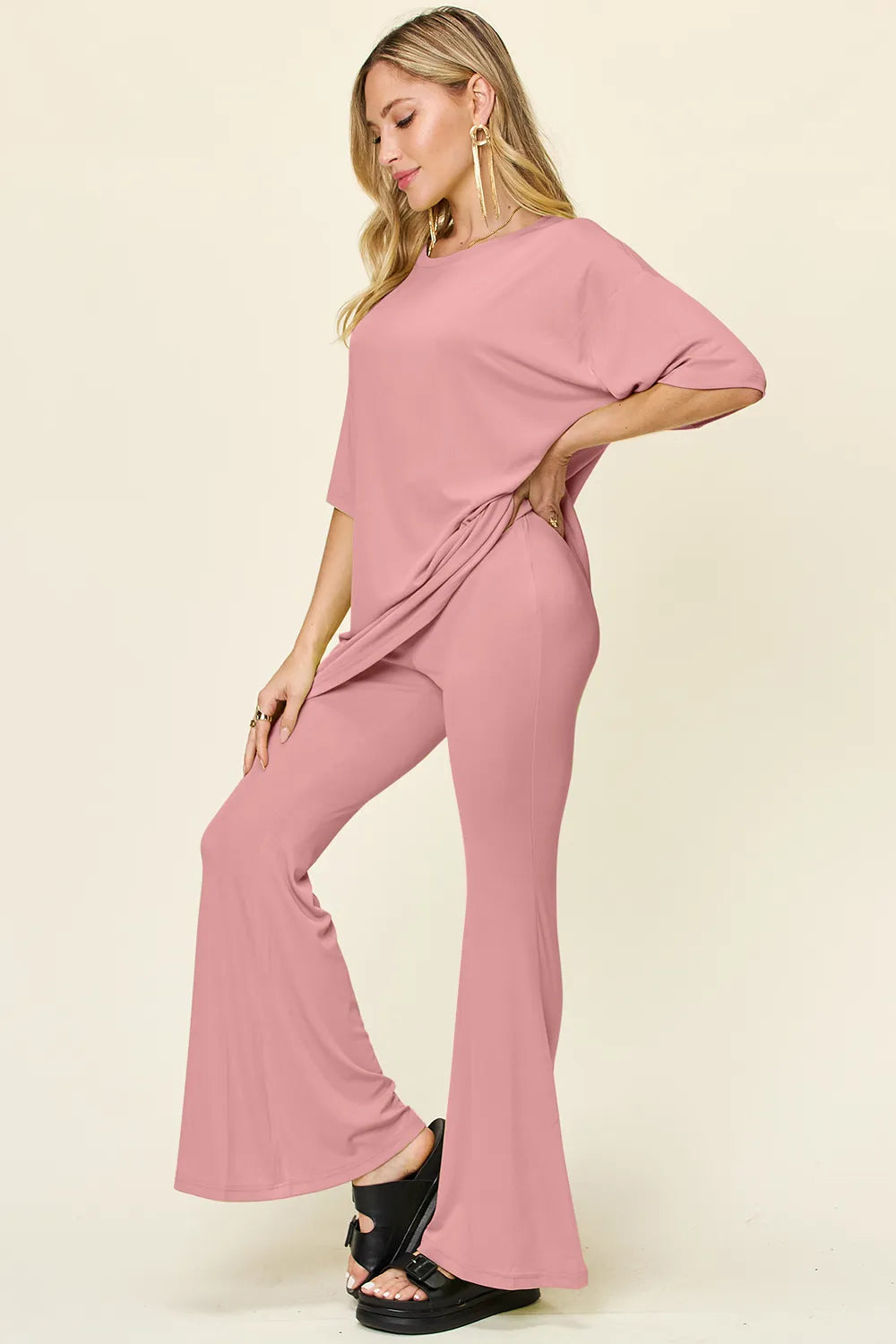 Double Take Full Size Round Neck Drop Shoulder T-Shirt and Flare Pants Set - Velora