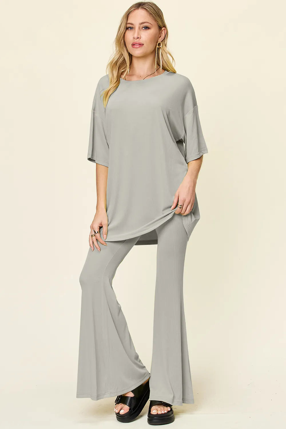 Double Take Full Size Round Neck Drop Shoulder T-Shirt and Flare Pants Set - Velora