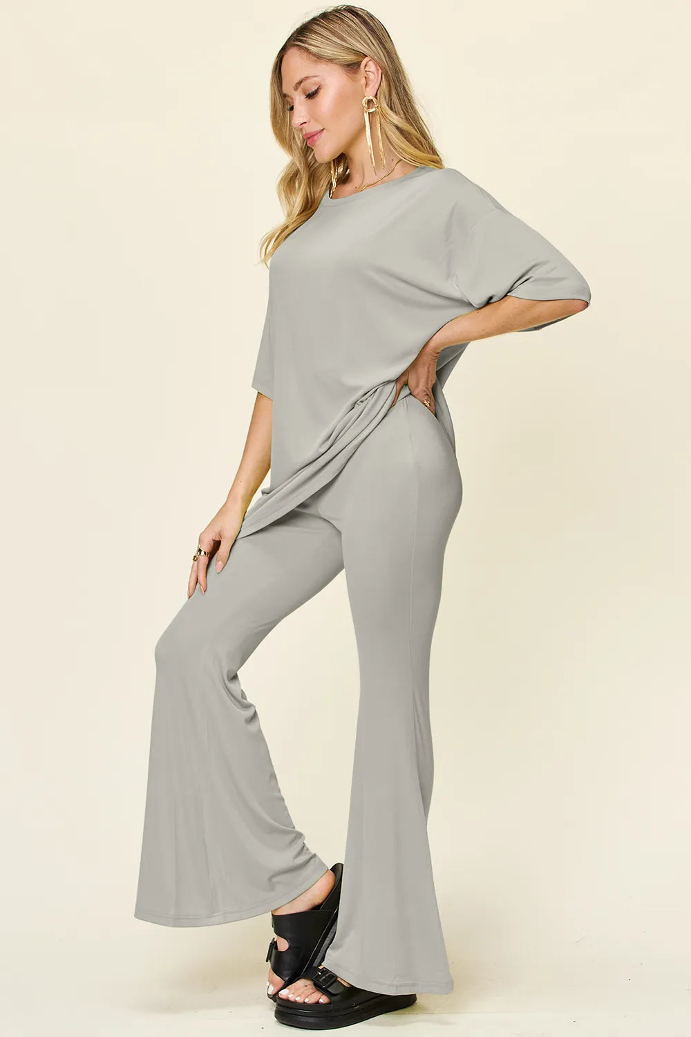 Double Take Full Size Round Neck Drop Shoulder T-Shirt and Flare Pants Set - Velora Luxury Fashion