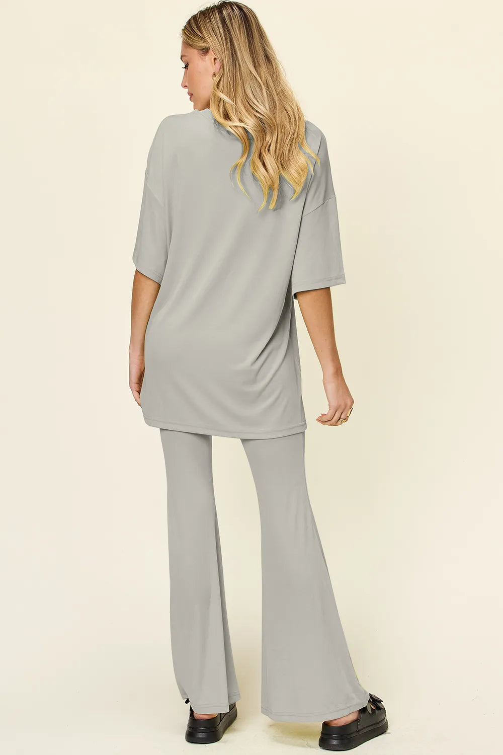 Double Take Full Size Round Neck Drop Shoulder T-Shirt and Flare Pants Set - Velora