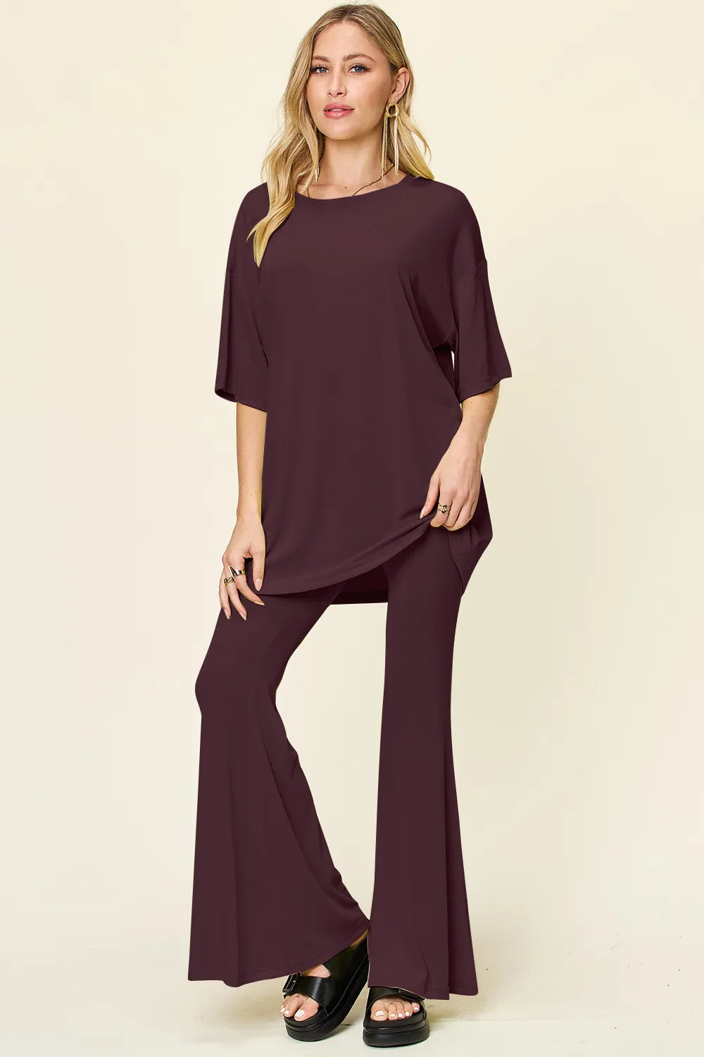 Double Take Full Size Round Neck Drop Shoulder T-Shirt and Flare Pants Set - Velora