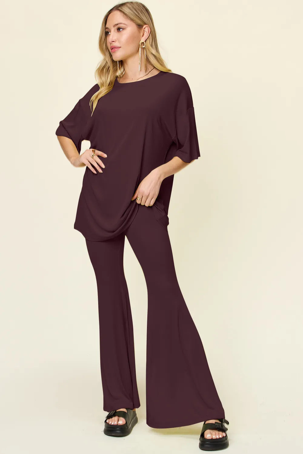 Double Take Full Size Round Neck Drop Shoulder T-Shirt and Flare Pants Set - Velora