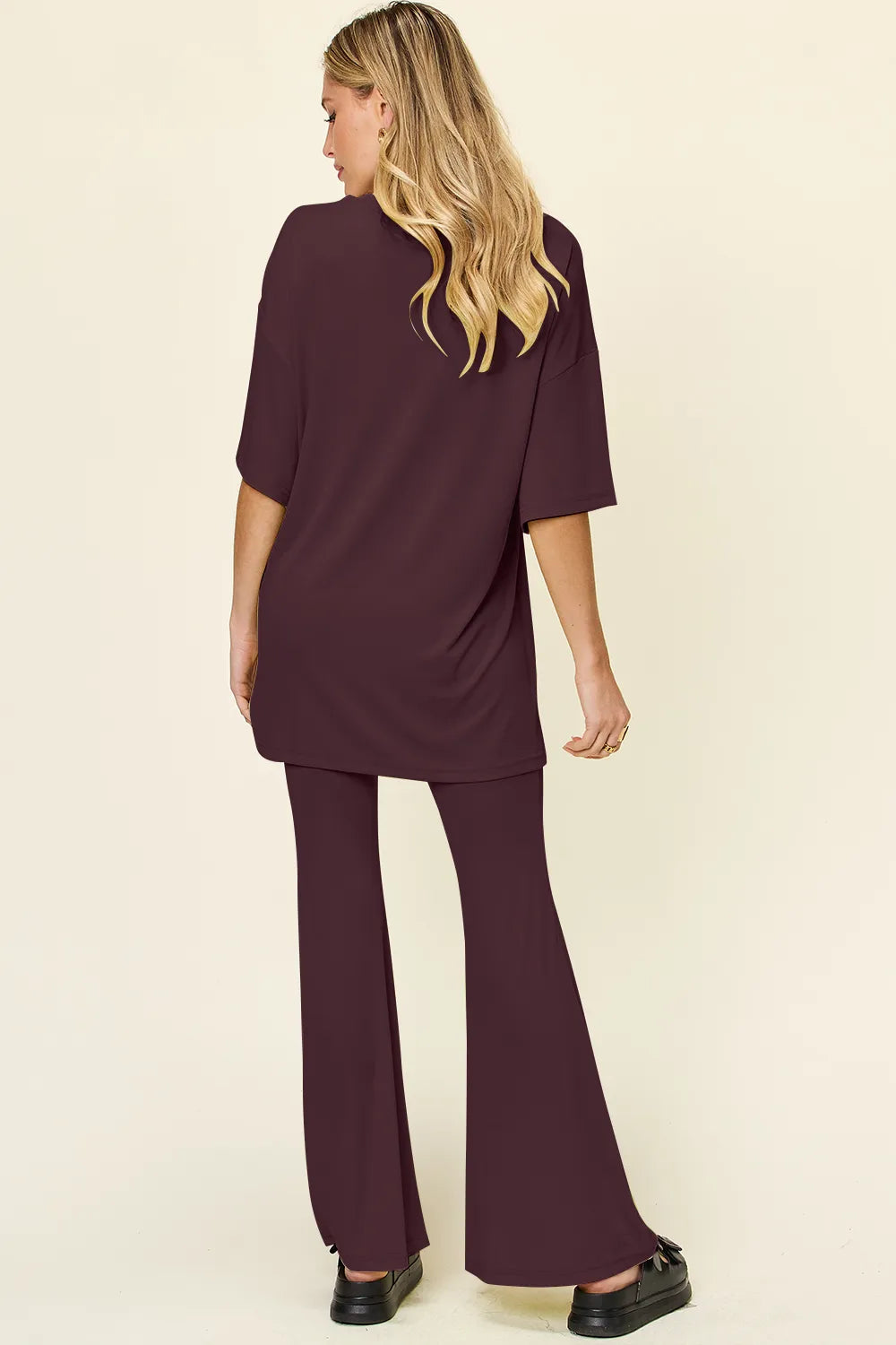 Double Take Full Size Round Neck Drop Shoulder T-Shirt and Flare Pants Set - Velora