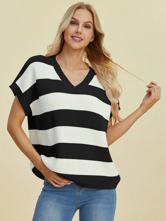 Double Take Full Size Striped V-Neck Short Sleeve Sweater - Velora Luxury Fashion