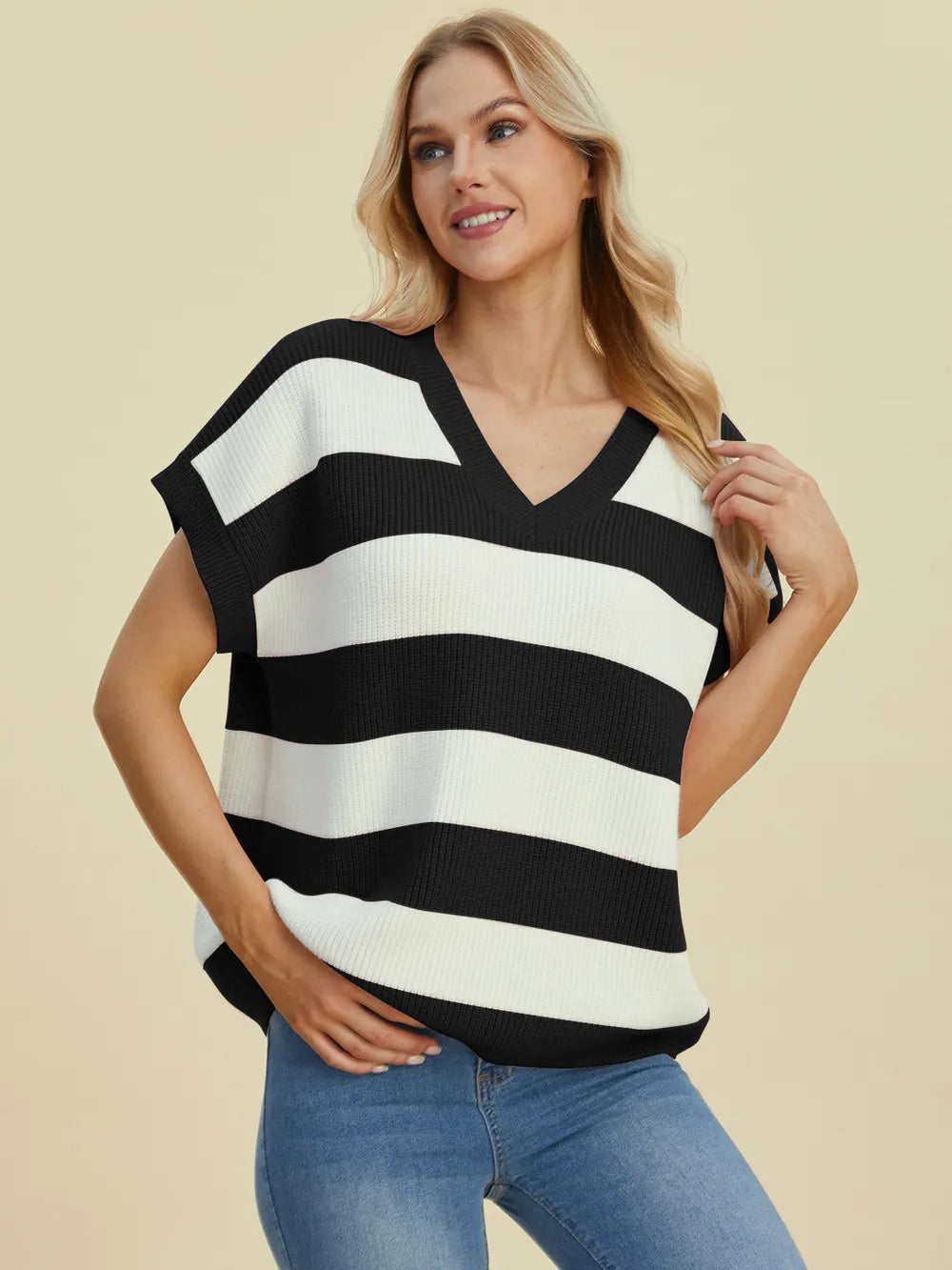 Double Take Full Size Striped V-Neck Short Sleeve Sweater - Velora Luxury Fashion